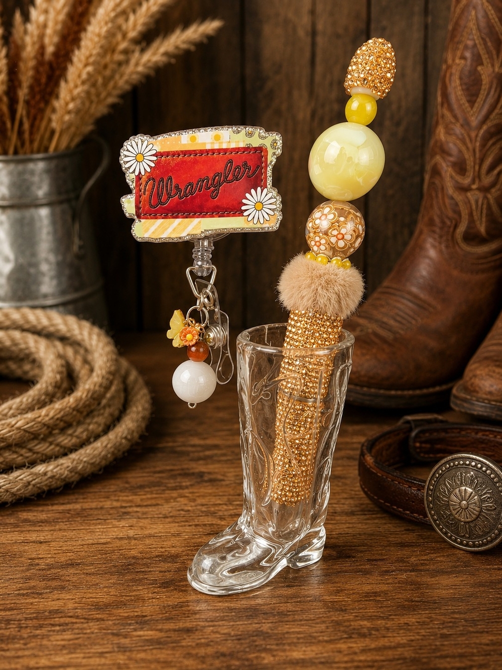 Rockin' 3 Leather, Handmade Wrangler Beaded Pen & Badge Reel Gift Set of 2